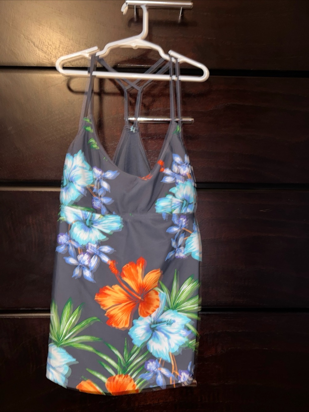 Women’s Tankini Kona Sol Charcoal Swim Top with Orange & Aqua Floral Print Sz S